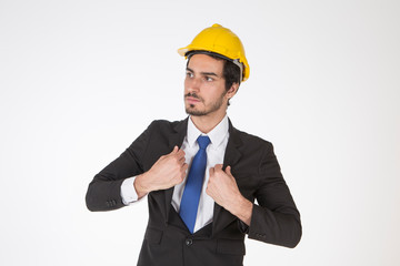 Portrait of an architect builder , serious civil engineer working white background.
