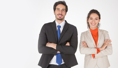 Beauty Young Couple of Business Man and Business Woman Stand confident with confidence as a financial expert and consultant team white background.Financial business and lifestyle concept.