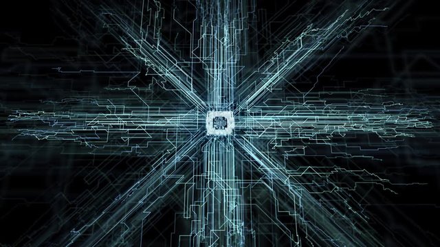 CPU starts calculating data, electrons move from working processor growing digital circuit board lines