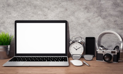 Computer notebook blank screen on wood table, workspace mock up design, illustration 3D rendering