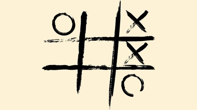 Abstract drawn tic-tac-toe game, disappearing on beige background. Animation. Strategic tic-tac-toe winning painted by wide black brush strokes.