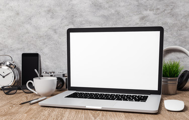 Fototapeta premium Blank screen laptop on wood table, workspace mock up design, illustration 3D rendering