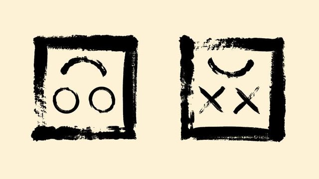 Smiling and sad emoticons in squares on disappearing on beige background, emotions concept, monochrome. Animation. Smiling and sad faces painted by black brush strokes.