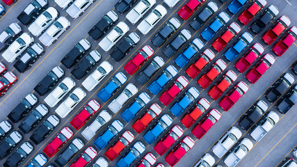 Aerial view car for sale stock lot row, Cars dealership inventory distribution automobile and...