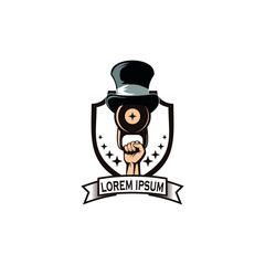 Magic fitness badge logo. Kettlebell wearing magician hat. Stong hand lift kettlebell, magic gym logo