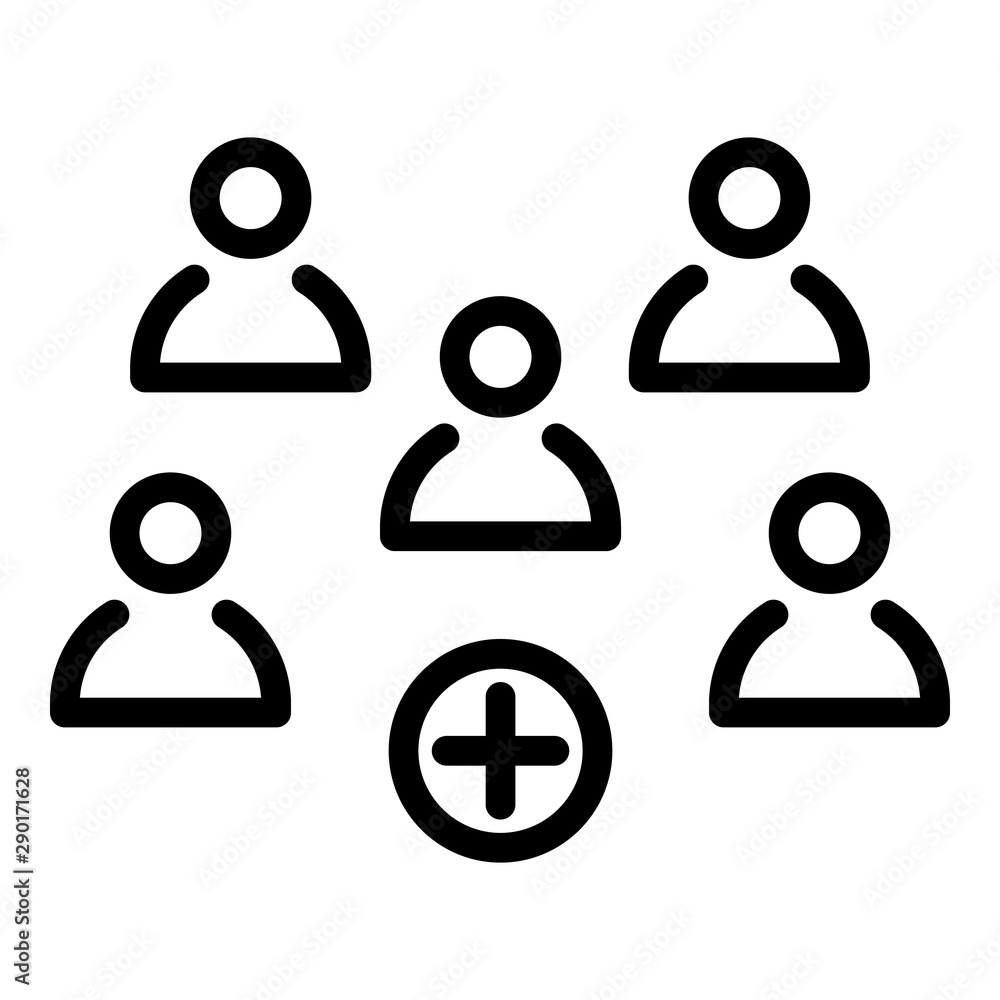 Poster five persons and a plus sign icon. outline five persons and a plus sign vector icon for web design i