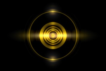 Abstract gold circle ring light effect with sound waves oscillating on black background