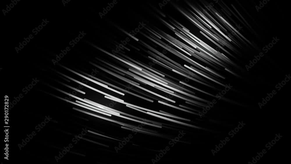 Poster abstract bunch of optical fibres in dinamic flight on black background, seamless loop. animation. li