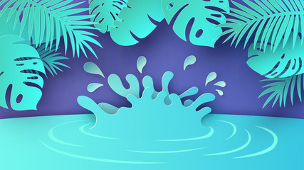 Fototapeta na wymiar Scenery of natural pond in the tropical forest. Graphic design for tropical forest. paper cut and craft style. vector, illustration.