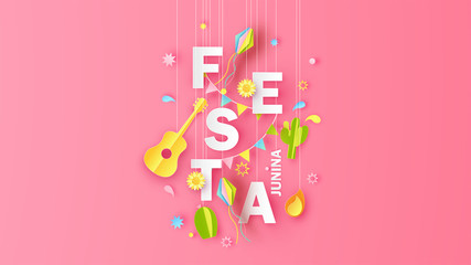 Illustration of Festa Junina festival design with elements and paper calligraphy FESTA JUNINA. Graphic design for Festa Junina festival. paper cut and craft style. vector,illustration.