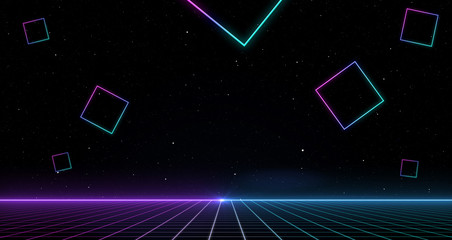 Retro Sci-Fi Background Futuristic Grid landscape of the 80`s. Digital Cyber Surface. Suitable for design in the style of the 1980`s. 3D illustration