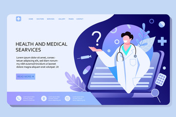 Online medical and health services web landing page template. Modern vector illustration concepts for website and mobile website development.