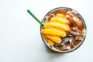Top view of cold Pineapple Coffee (The combination of pineapple juice with espresso coffee), new idea for making passion fruit juice in the summer time. 