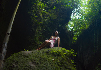 beautiful dreamy portrait of5 young attractive and elegant Asian woman in Summer dress enjoying nature relaxed at dreamy and unique green forest feeling magical
