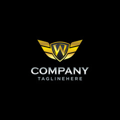letter W shield with wings gold color logo design concept template vector