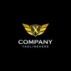 letter X shield with wings gold color logo design concept template vector