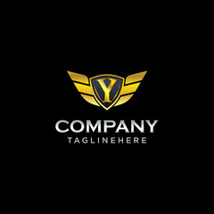 letter Y shield with wings gold color logo design concept template vector