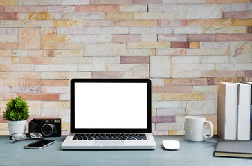 Workspace desk and laptop. copy space and blank screen. Business image, Blank screen laptop and supplies.