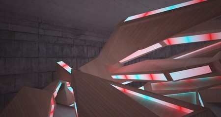 Abstract architectural concrete and wood interior of a minimalist house with color gradient neon lighting. 3D illustration and rendering.