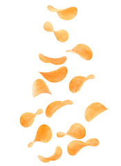 Falling crispy potato chips on white background