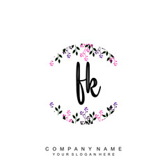 letter FK surrounded by beautiful and elegant flowers and leaves. Wedding monogram logo template. Fashion Logo template Vectors,