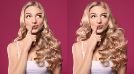 Beautiful young woman before and after hair treatment on color background