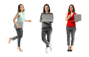 Fototapeta premium Collage of photos with young woman holding laptop on white background