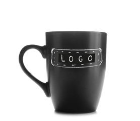 Black cup with logo on white background