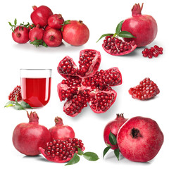 Set with ripe pomegranates and juice on white background