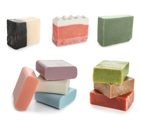 Different soap bars on white background