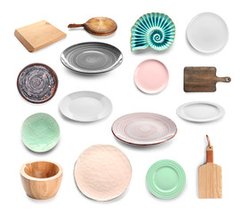 Set of different kitchenware on white background