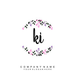 letter KI surrounded by beautiful and elegant flowers and leaves. Wedding monogram logo template. Fashion Logo template Vectors,