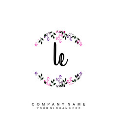 letter LE surrounded by beautiful and elegant flowers and leaves. Wedding monogram logo template. Fashion Logo template Vectors,