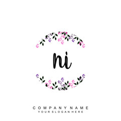 letter NI surrounded by beautiful and elegant flowers and leaves. Wedding monogram logo template. Fashion Logo template Vectors,