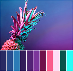 Color palette with fresh pineapple on violet background