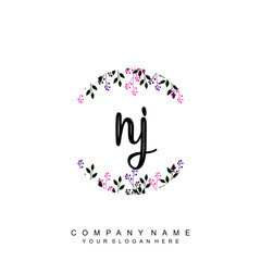 letter NJ surrounded by beautiful and elegant flowers and leaves. Wedding monogram logo template. Fashion Logo template Vectors,