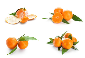 Set of tasty juicy tangerines on white background