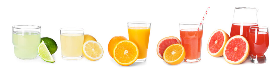 Assortment of tasty citrus juices on white background