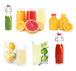 Assortment of tasty juices on white background
