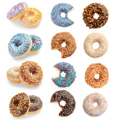 Set of tasty donuts on white background