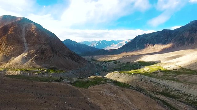 Aerial View of a valley in between Northpullu and khalsi in Ladakh. //Drone shot