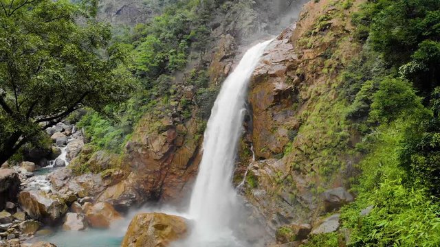 Flying near Rainbow Waterfalls in Cheerapunji, Meghalaya, India