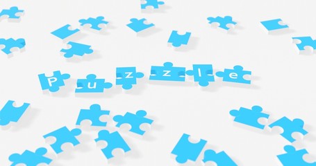 Naklejka premium Puzzle with focus in puzzle letter. Blue color puzzle in random formation and white background. 3D illustration
