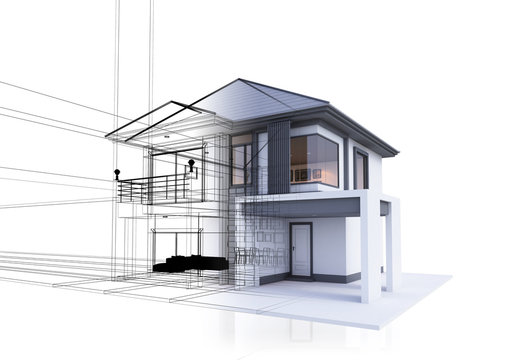 Drawing Lines Of A 3D Render House On A White Background For Building A House