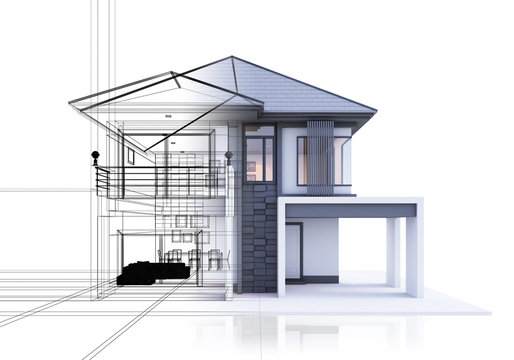 3D illustration, architecture, house blended with line drawings. Referring to the formation