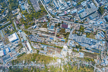 Top view of the  industrial zone: garages, warehouses, containers for storing goods. The concept of storage of goods by importers, exporters, wholesalers, transport enterprises, customs