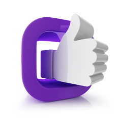 like icon 3d render isolate on white backgroud with Hand penetrated out of the violet color frame 