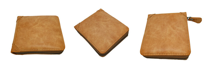 Set of brown leather wallet isolated on white background. Vintage style