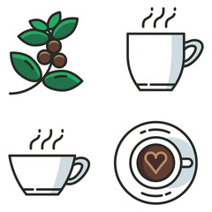 set of four icons, coffee plant, hot coffee mug and cup view from top