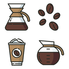 a Coffee dripper with raw bean, coffee to go with paper cup and a coffee jug 